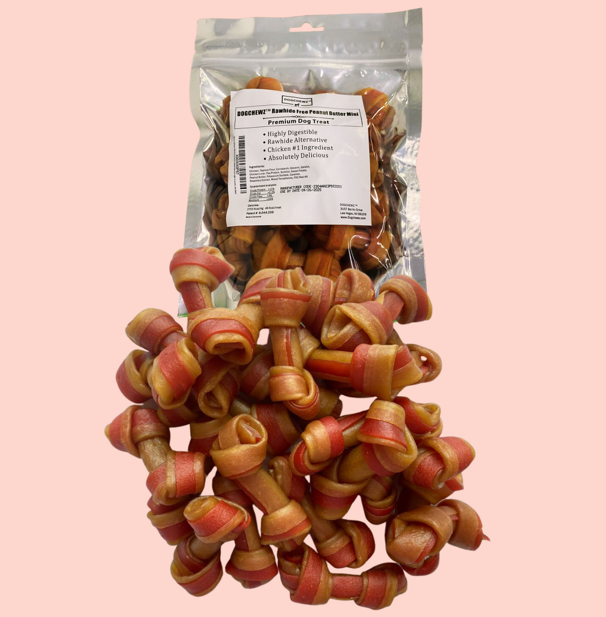 DOGCHEWZ™ Rawhide Free Knotted Bone Peanut Butter Small Dog Chew Treats 2.5" (24 Ct/Bag) - Chicken Flavor